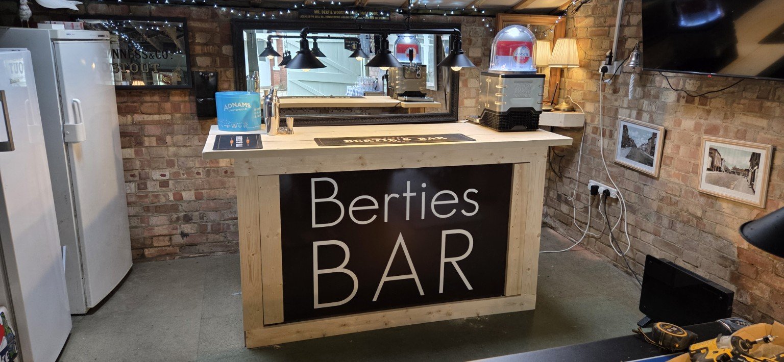 Bertie’s Bar built from reclaimed timber with a scaffolding-board top
